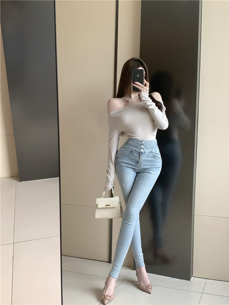 Real shot!  Super high-waisted belly slimming single-breasted elastic skinny pencil pants for women