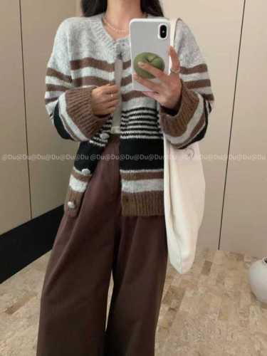 Autumn and winter new style Korean atmosphere wear matching color striped knitted imitation mohair fleece sweater cardigan jacket