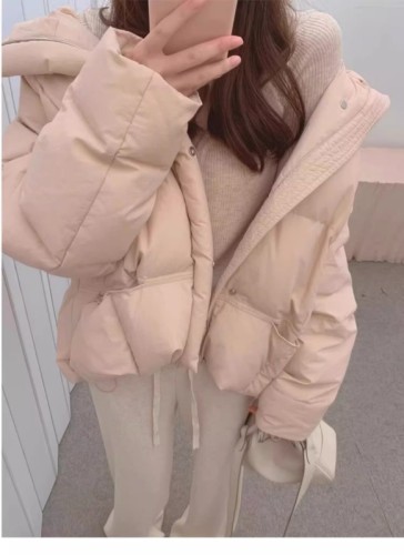 Pink short hooded down-padded jacket for women in winter, new Korean version for small people, loose bread coat and cotton-padded jacket