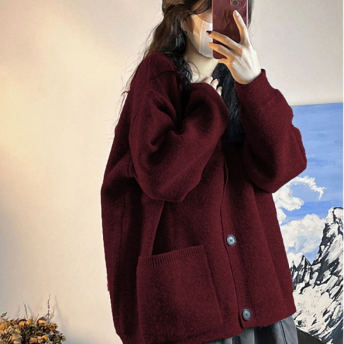 Christmas red sweater jacket for women in autumn and winter new style loose soft and waxy lazy style knitted cardigan outer wear top thickened