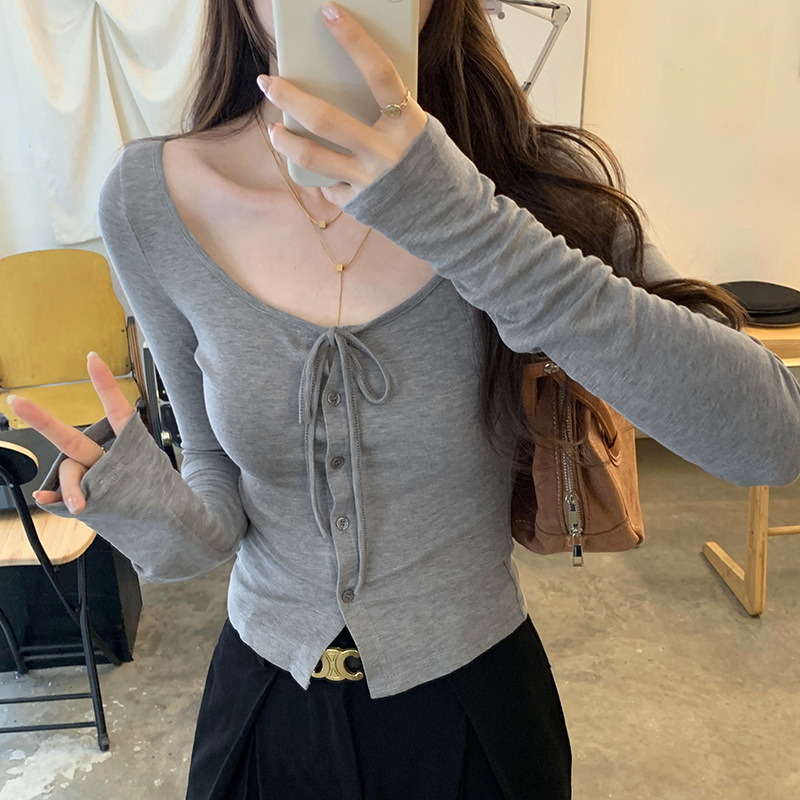 Real photos of large neckline lace-up sun protection cardigan T-shirt for women early autumn 204 new style pure desire temperament hot girl short top