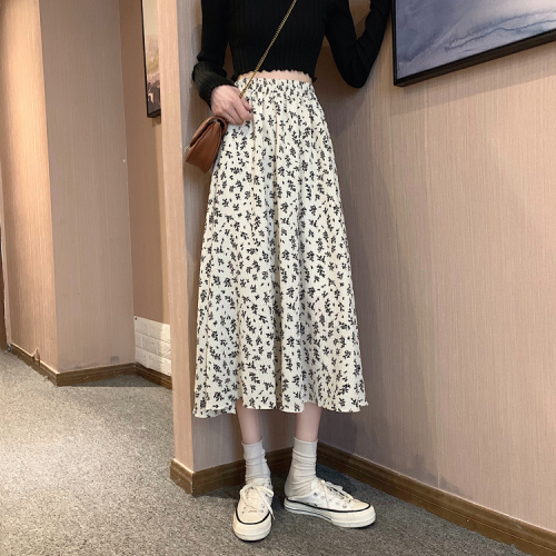 Actual shot ~ Floral skirt for women 2024 new Korean style high-waist temperament versatile mid-length chiffon skirt