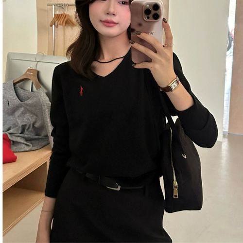 2024 autumn and winter new loose embroidered pony v-neck Korean style loose casual versatile pullover sweater top autumn