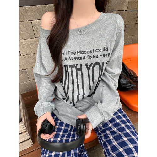 Actual shot of 21-count pure cotton American retro gray one-line collar off-shoulder long-sleeved T-shirt for hot girls