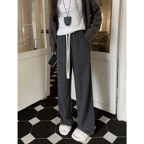 Real shot of dark gray glutinous rice casual pants for women, straight plus size fat mm, drapey pear-shaped body wide leg pants