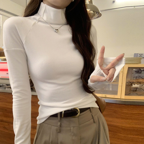 Real photos of high-neck white long-sleeved inner bottoming shirt T-shirt for women autumn and winter 2024 new Austrian velvet double-sided top