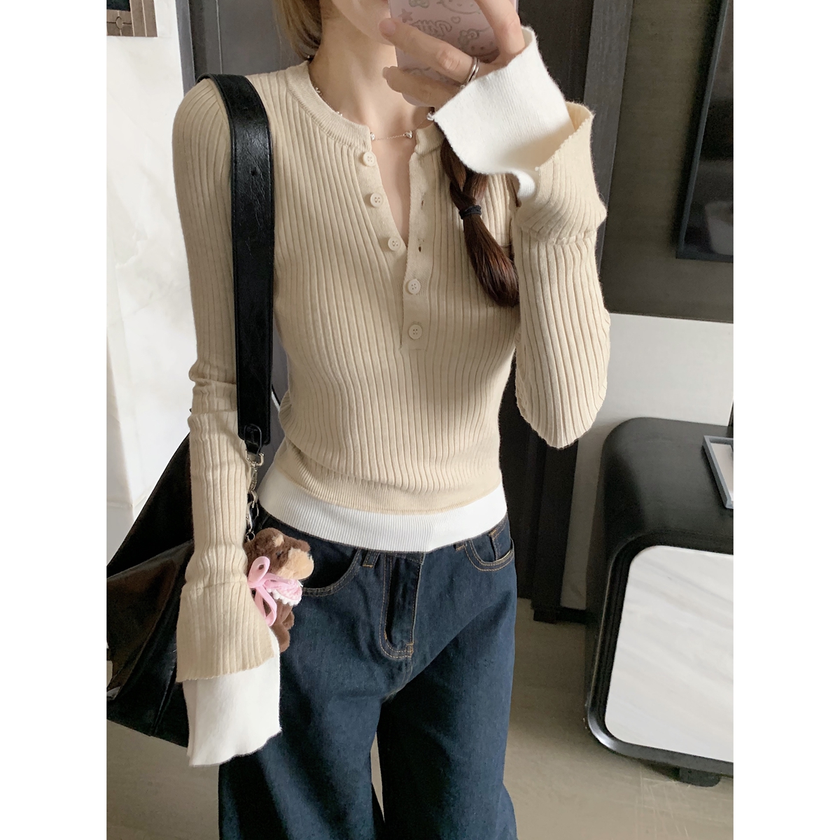 Actual shot of autumn and winter Korean style slim-fit contrast half-button slimming design Andy velvet knitted bottoming top