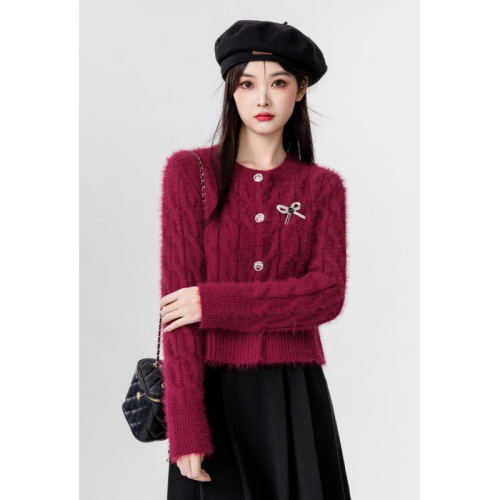 2024 Autumn and Winter New Style Seahorse Hair Black Sweater Jacket Women's Fashion Bow Short Knitted Cardigan Short Top