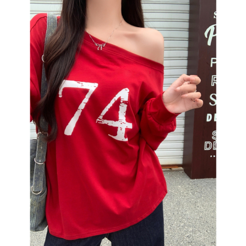 Actual shot of 21-count pure cotton American retro gray one-line collar off-shoulder long-sleeved T-shirt for hot girls