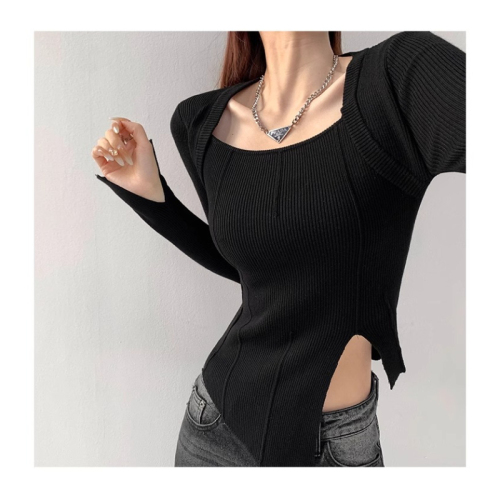 Pure Desire Shoulder Square Neck Long Sleeve Knitted Sweater Women's 2024 Autumn and Winter Slim Fit Irregular Slit Hem Bottoming Top