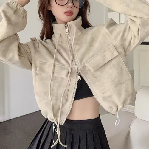 American Hot Girl Double Zipper Short Work Jacket Women's 2024 Spring New Loose Slim High Waist Drawstring Top