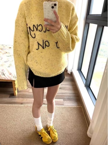 American hot girl design letter bead embroidered knitted sweater for women 2024 autumn gray pullover loose long-sleeved top