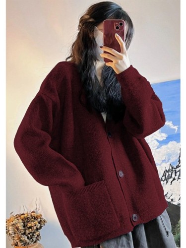 Christmas red sweater jacket for women in autumn and winter new style loose soft and waxy lazy style knitted cardigan outer wear top thickened