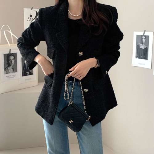 2024 Autumn and Winter Korean Dongdaemun Chic Xiaoxiang Style Jacket Slim Fake Pocket Tweed Blazer