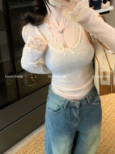 Grow Freely Hot Girl Pure Desire Sexy Long Sleeve Innerwear Base Shirt Women's Lace Patched Slim-Fit Short Top