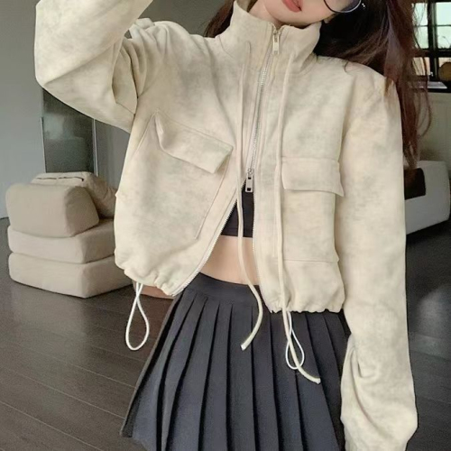 American Hot Girl Double Zipper Short Work Jacket Women's 2024 Spring New Loose Slim High Waist Drawstring Top