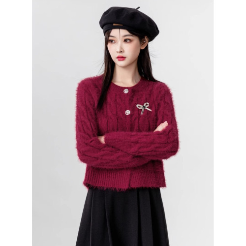 2024 Autumn and Winter New Style Seahorse Hair Black Sweater Jacket Women's Fashion Bow Short Knitted Cardigan Short Top