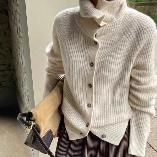 High-end simple high-neck thickened cashmere knitted cardigan for women autumn and winter loose short sweater coat wool top