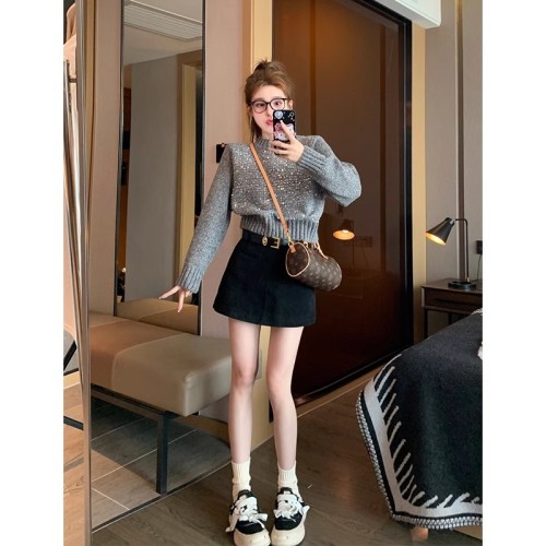 Gray heavy industry diamond round neck knitted top for women 2024 new autumn and winter thickened Japanese style lazy retro sweater trend