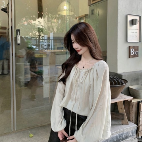 Real shot!  French retro gentle style round neck drawstring top apricot loose versatile striped long-sleeved shirt