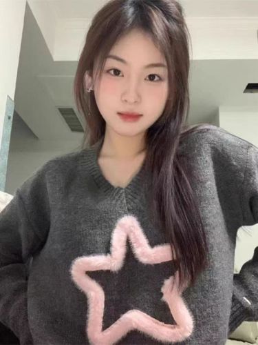 New sweet pink three-dimensional five-pointed star pullover v-neck sweater loose short spring and autumn knitted top for women