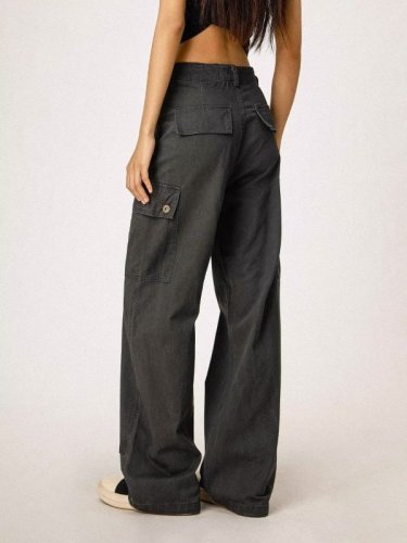 American high street gray overalls for men and women, loose multi-pocket retro straight casual long pants