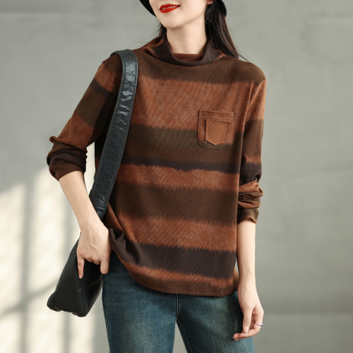 2024 Autumn Retro Color Block Top Women Half Turtle Collar Long Sleeve Temperament Bottoming Shirt with T-shirt