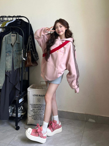 Korean art raw milk hooded sweatshirt for women spring and autumn 2024 lazy high-end loose pullover pink top