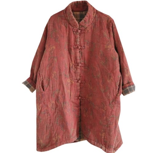 Winter new cotton and linen women's clothing Chinese ethnic style buckle loose large size mid-length cotton coat and jacket