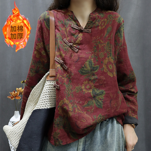 Autumn and winter cotton thickened linen printed casual jacket loose bat sleeves V-neck disc button double layer top for women