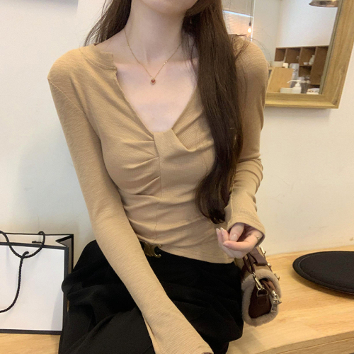 Real photos of Korean style chic hot girls twisted V-neck bottoming shirt for women new design niche long-sleeved T-shirt top