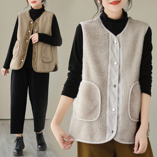 Reversible lamb hair vest for women autumn and winter new style retro literary loose sleeveless corduroy jacket