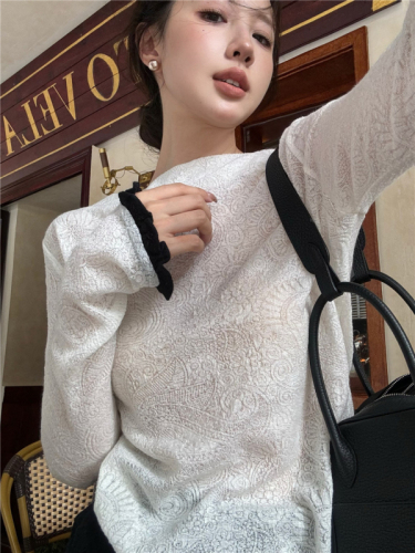 Real shot of thin see-through lace dark pattern stitching early autumn trumpet long-sleeved top for women