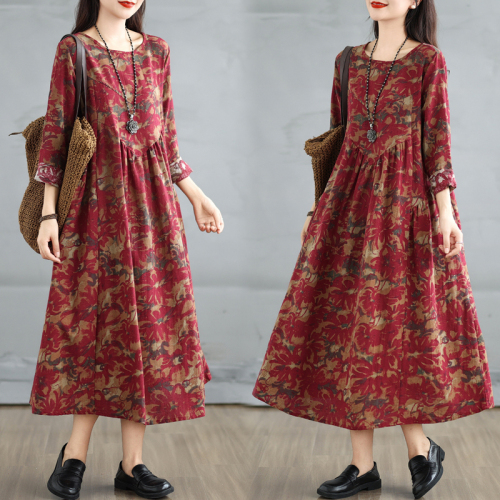 New retro cotton and linen printed round neck long-sleeved dress for women loose large size slimming spliced ​​A-line skirt for women