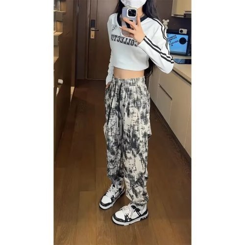 Black corduroy pants for women in autumn, tie-dye design, sports nine-point pants, trendy brand, loose-fitting casual trousers