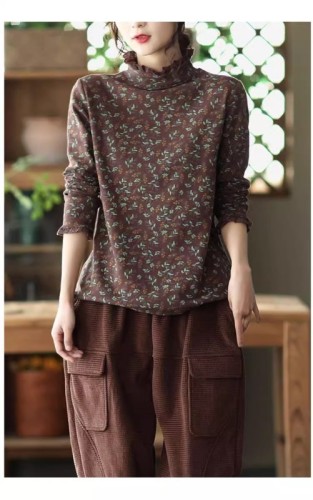 New autumn and winter loose slimming literary retro floral bottoming shirt pure cotton half turtleneck ruffled top for women