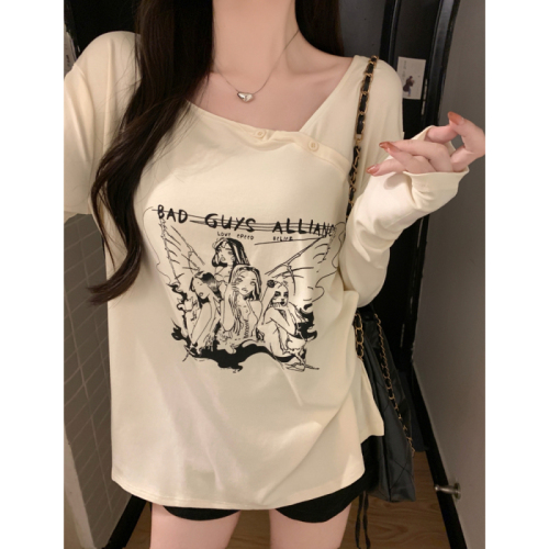 Real shot 260g rayon 1*1 cartoon printed long-sleeved T-shirt for women autumn retro casual design top