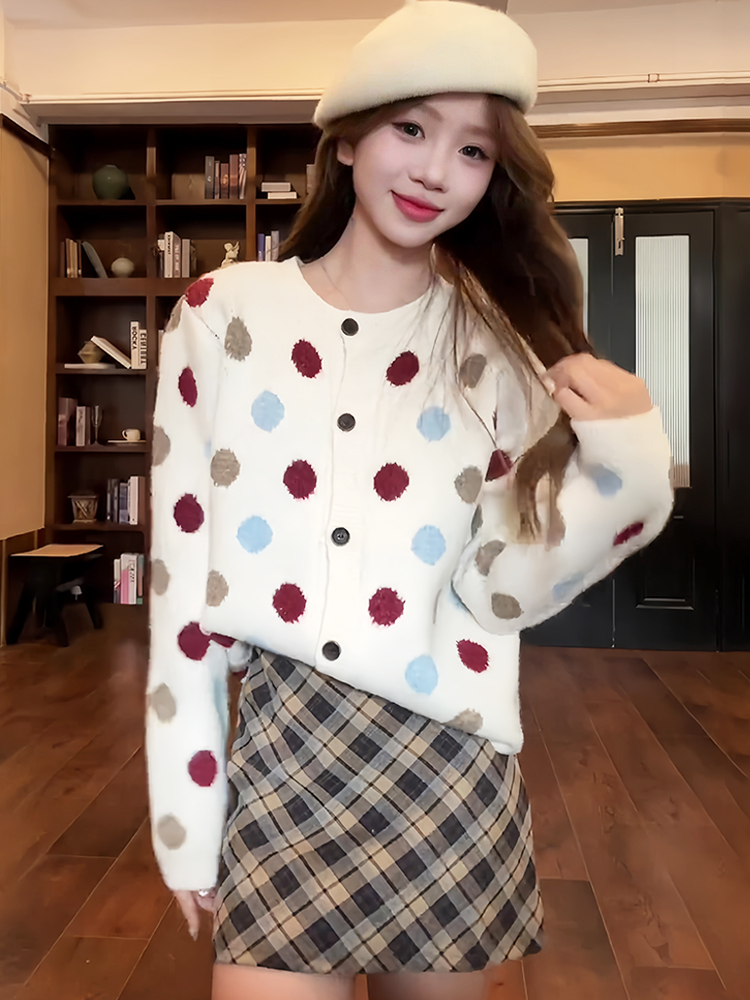 Lazy style contrasting color polka dot sweater cardigan autumn women's 2024 new niche temperament autumn and winter jacket top