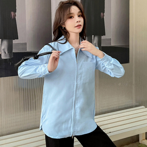 Real shot of 2-color French retro design zipper white POLO collar long-sleeved shirt for women with niche temperament and loose fit