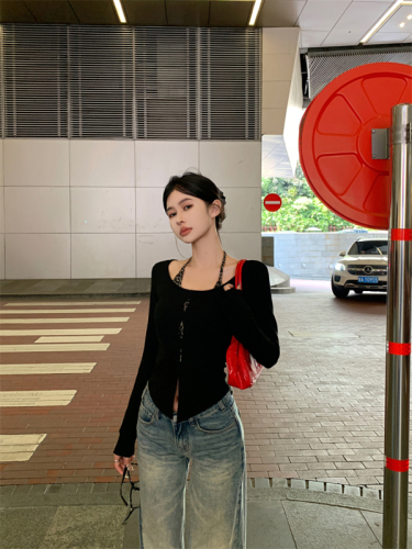 Real shot ~ hot girl fake two-piece leopard print splicing T-shirt for women 2024 autumn sexy hollow slim fit top