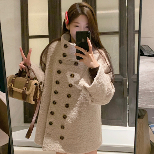 Oatmeal double-breasted solid color soft waxy lamb wool stand collar coat winter loose warm mid-length cardigan top