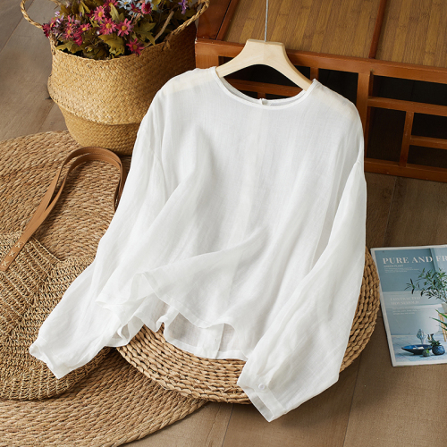 Front and back two-wear round neck lantern sleeve ramie shirt autumn thin and light sun protection shirt top