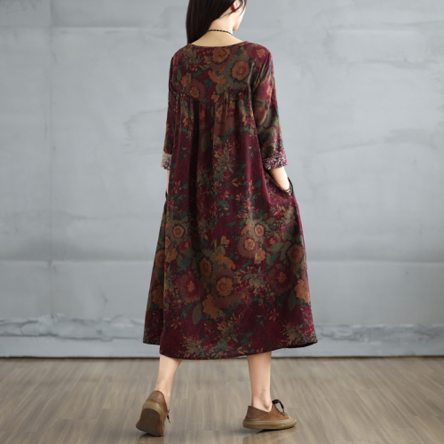 New retro cotton and linen printed round neck long-sleeved dress for women loose large size slimming spliced ​​A-line skirt for women