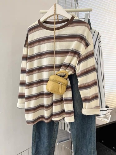 Extra large size 300 pounds striped long-sleeved T-shirt women's spring and autumn design loose top