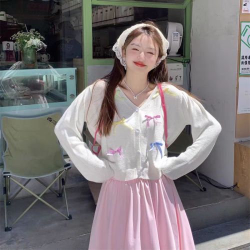 Korean style sweet girl colorful three-dimensional bow design loose sweater cardigan for age-reducing girlfriends