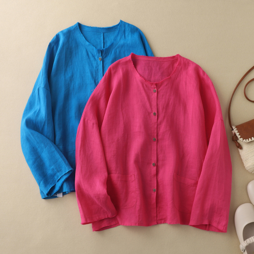 2024 early autumn new age-reducing blue temperament round neck dopamine linen casual cardigan