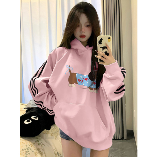 American hooded sweatshirt for women 2024 autumn three-stripe dopamine loose lazy style long-sleeved top jacket