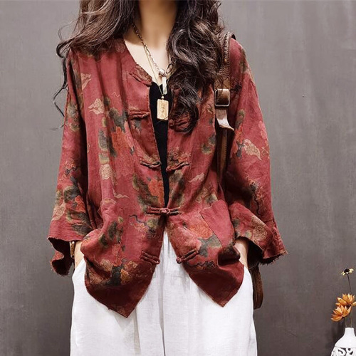 Cotton and linen women's clothing 2024 new autumn style retro ethnic style distressed top printed versatile foreign style small jacket