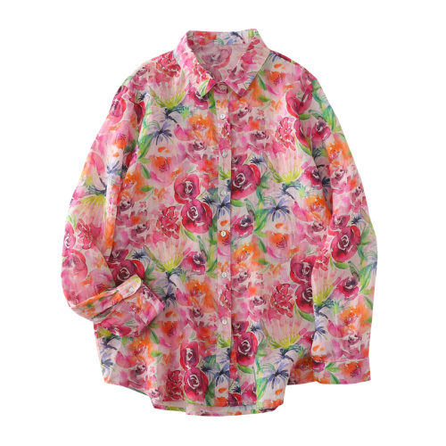 Spring and Autumn New Korean Style Retro Rose Printed Cotton Short-Sleeved Shirt Women's Long-Sleeved Loose Large Casual Shirt