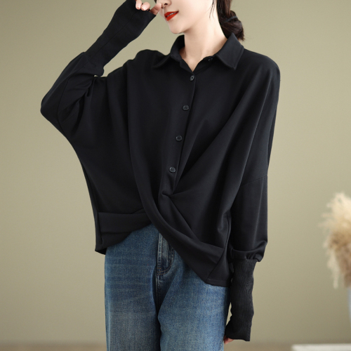 Niche design irregular T-shirt 2024 new autumn loose bat sleeve dark top